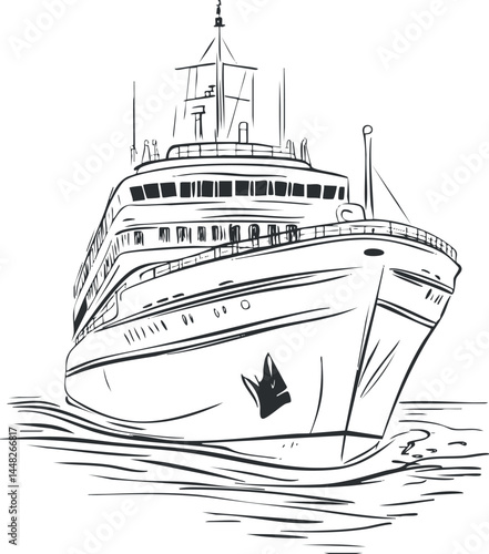 Black and white sketch of a large cruise ship sailing on the sea with visible bow and decks
