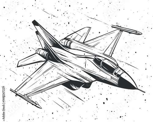Black and white sketch of a military fighter jet flying through the sky with detailed aerodynamics and weaponry.