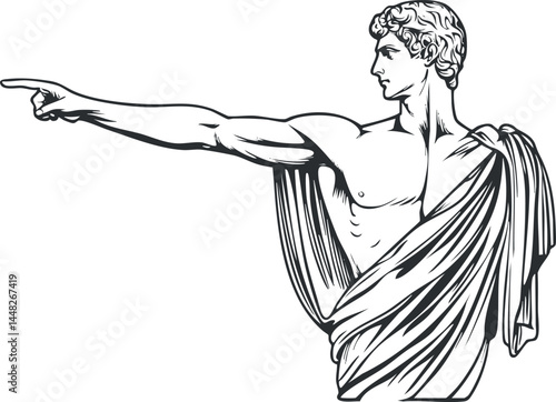 Black and white vector illustration of a classical statue of a muscular man in draped clothing pointing with his arm extended