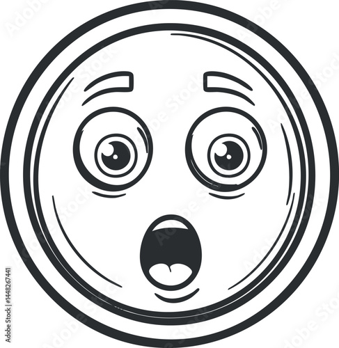 Black and white cartoon illustration of a surprised face emoji with wide eyes and open mouth