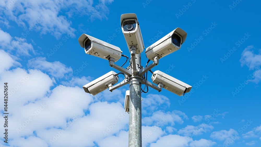 Multiple Security Cameras on a Pole Against a Blue Sky Multiple Security Cameras on a Pole Against a Blue Sky