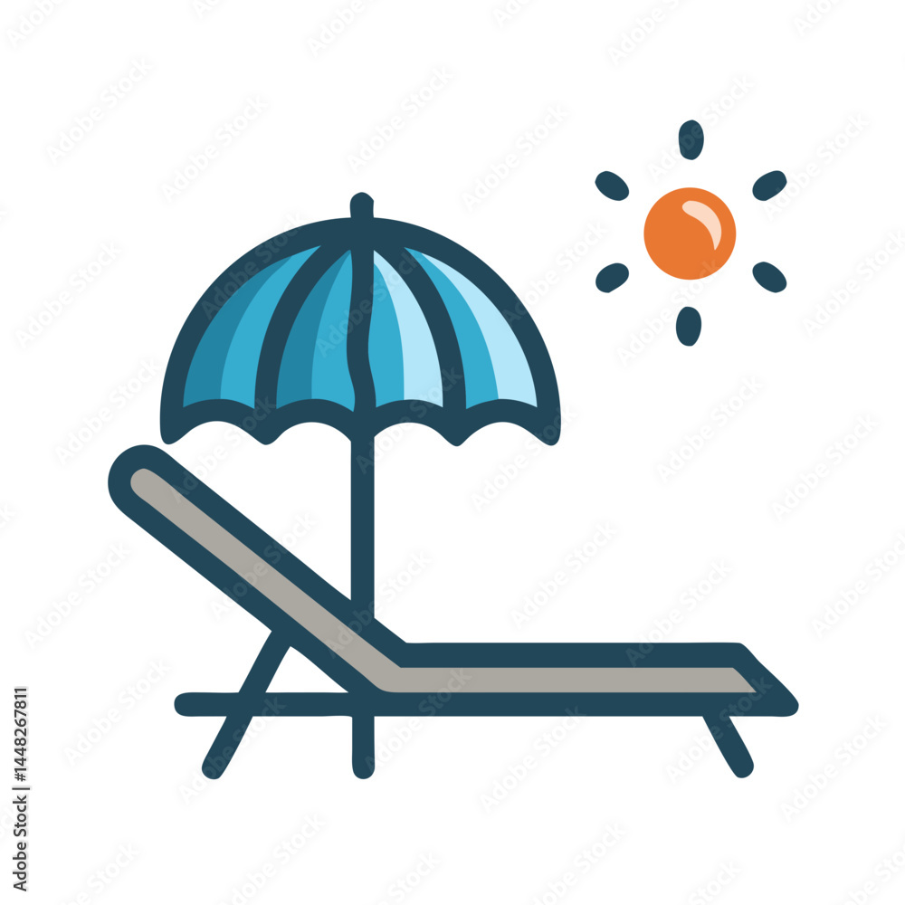 Beach Chair with Umbrella Icon Representing Sunbathing and Coastal Relaxation Beach Chair with Umbrella Icon Representing Sunbathing and Coastal Relaxation