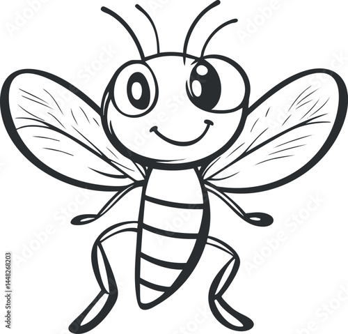 Black and white cartoon illustration of a smiling bee with large eyes and wings