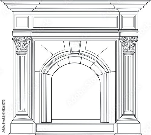 Black and white outline drawing of a classic decorative fireplace mantel with ornate arch and detailed columns