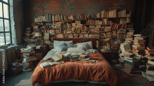 Piles of Books Scattered in the Bedroom