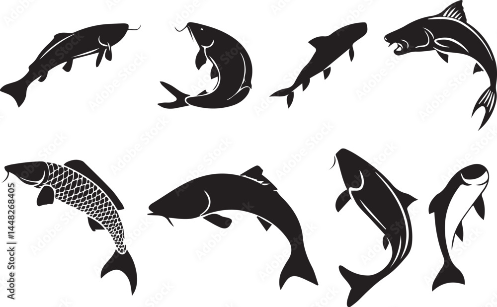 Naklejka premium Collection of Silhouetted Fish in Various Poses