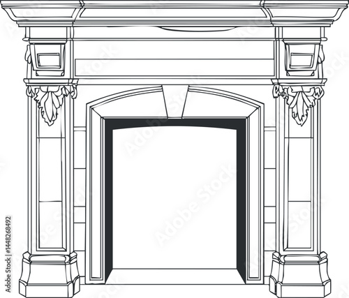 Detailed black and white line drawing of a classic decorative fireplace mantel with ornate carvings and columns