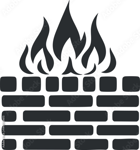 Black and white silhouette illustration of a fireplace with flames and brick wall for cozy home warmth
