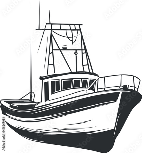 Black and white illustration of a fishing boat with mast and deck in nautical setting.