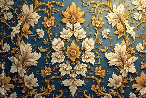 Intricate floral damask in muted golds and creams, ornate, repeat, sophisticated