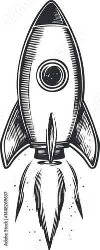 Black and white hand-drawn illustration of a rocket launching with flames and smoke from its engine.