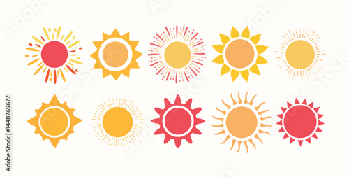 A cheerful collection of ten stylized sun icons in flat design, featuring different shapes of sun rays and centers. Each sun element is brightly colored in red, orange, and yellow tones
