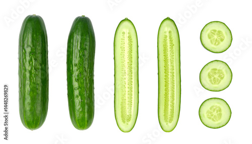 Whole cucumbers, halved cucumbers and cucumber slices isolated on transparent background