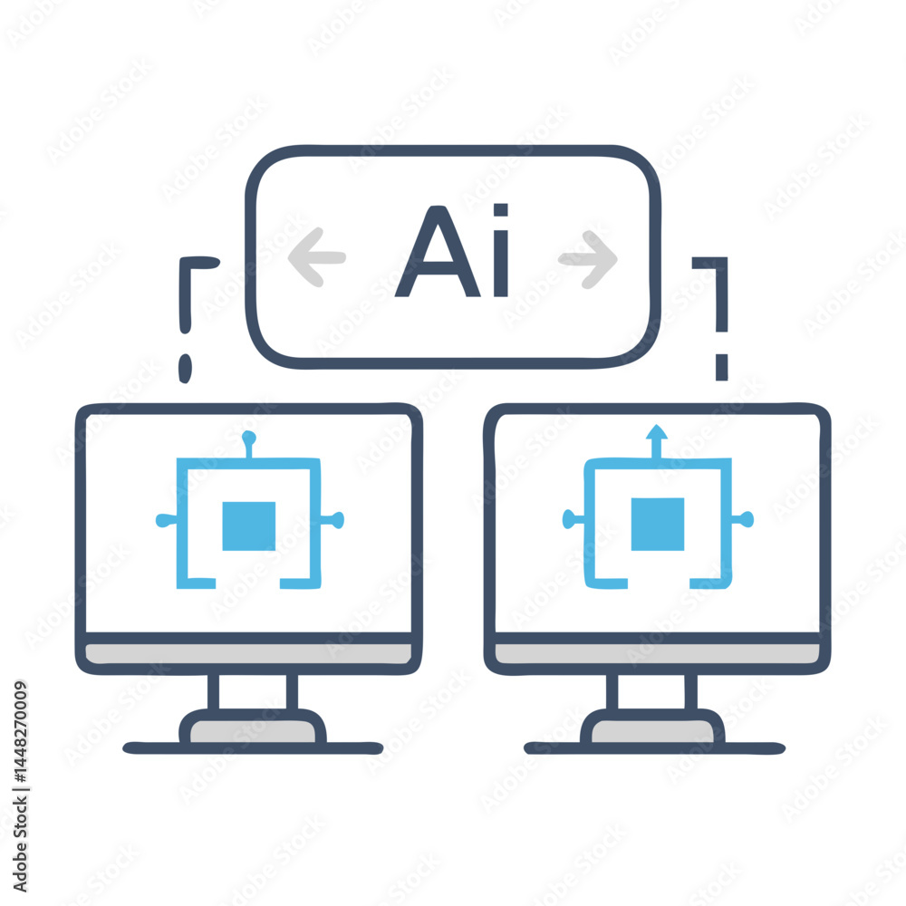 Dual Screens with AI Chip Icon Representing Synchronized Data Processing and AI Integration Dual Screens with AI Chip Icon Representing Synchronized Data Processing and AI Integration
