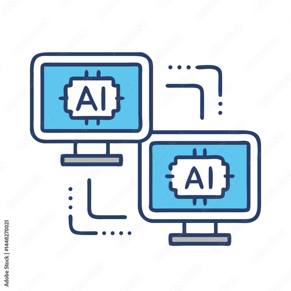 Dual Screens with AI Chip Icon Representing Synchronized Data Processing and AI Integration Dual Screens with AI Chip Icon Representing Synchronized Data Processing and AI Integration