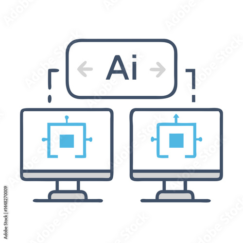 Dual Screens with AI Chip Icon Representing Synchronized Data Processing and AI Integration