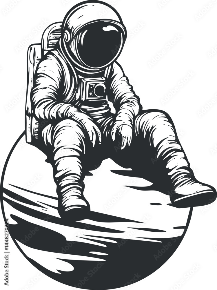 Black and white illustration of an astronaut sitting on a planet, symbolizing space exploration and solitude in the universe. Black and white illustration of an astronaut sitting on a planet, symbolizing space exploration and solitude in the universe.