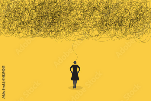 Business woman employee with anxiety busy line over his head. concept of Stress at work, exhausted from overworked and too many problems or frustrated and paranoia office worker