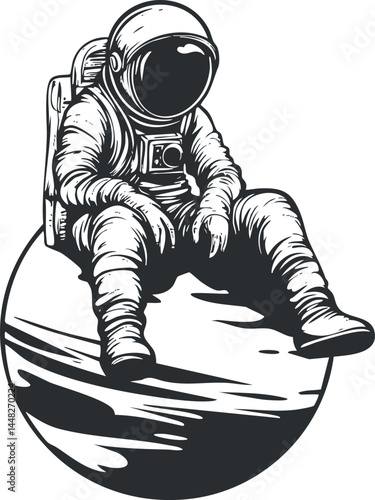 Black and white illustration of an astronaut sitting on a planet, symbolizing space exploration and solitude in the universe.