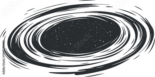 Black and white abstract illustration of a swirling galaxy with stars in outer space