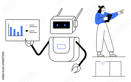 Robot sharing analytics chart while pointing at a woman with a tablet overseeing tasks. Ideal for artificial intelligence, technology, teamwork, data presentation, innovation, automation, simple