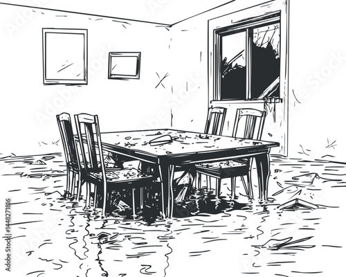 Black and white sketch of a flooded dining room with water covering floor and damaged furniture