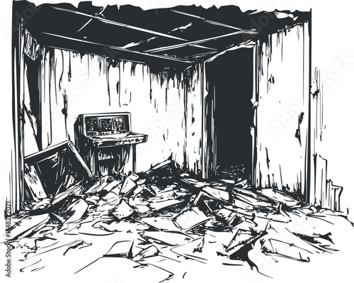 Black and white illustration of an abandoned and destroyed room filled with debris and broken objects