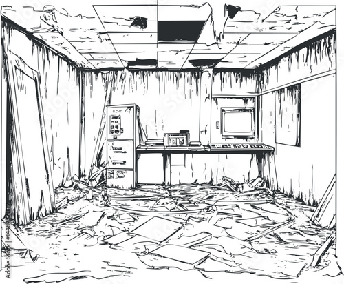Black and white sketch of an abandoned, dilapidated room with debris and broken ceiling panels