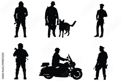 Police Dog Handler Silhouette Vector Pack Set of Officer Poses on White Background