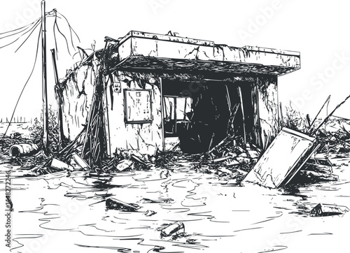 Black and white sketch of a destroyed and abandoned building surrounded by debris and rubble after disaster