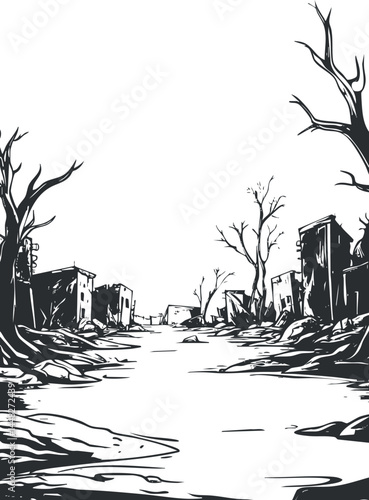 Black and white illustration of a postapocalyptic ruined city street with dead trees and abandoned buildings