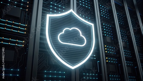 Digital data security concept featu a glowing shield with a cloud icon representing protection of cloud storage and information in modern network infrastructure