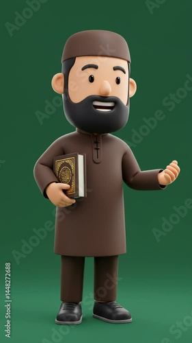 Cartoon Man Holding Book and Presenting on Green Background