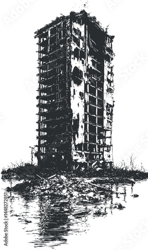 Monochrome illustration of a ruined highrise building reflecting in water symbolizing urban decay and destruction