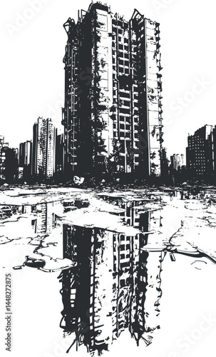 Black and white illustration of a damaged high-rise building reflected in cracked water in an urban ruin scene