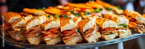 Tray of assorted sandwiches, including meats and cheeses, ready for catering events or casual gatherings.
