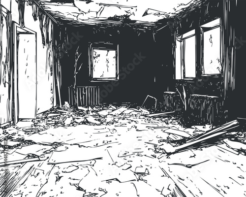 Black and white illustration of an abandoned room with damaged walls, broken floor, and debris scattered everywhere