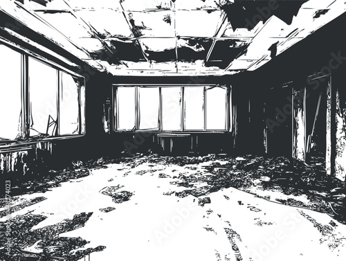 Black and white illustration of an abandoned, dilapidated room with broken windows and damaged ceiling showing decay and neglect.