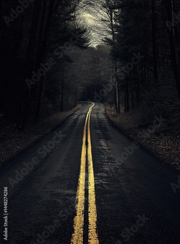 Dark Forest Road With Yellow Lines