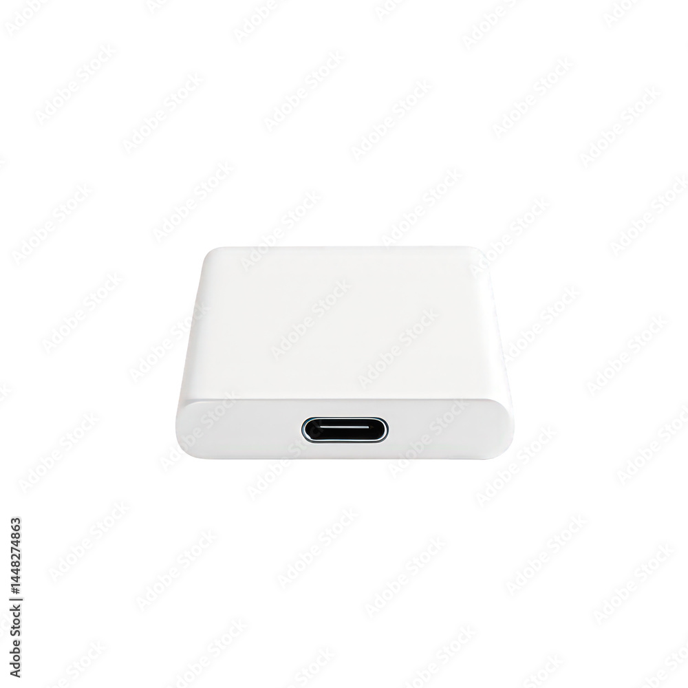 Modern white portable data storage device featuring a clean design and a prominent USB Type-C connection port for connectivity. Modern white portable data storage device featuring a clean design and a prominent USB Type-C connection port for connectivity.