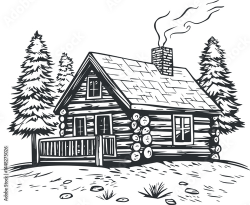 Black and white illustration of a log cabin with smoke rising from the chimney surrounded by pine trees in a natural forest setting