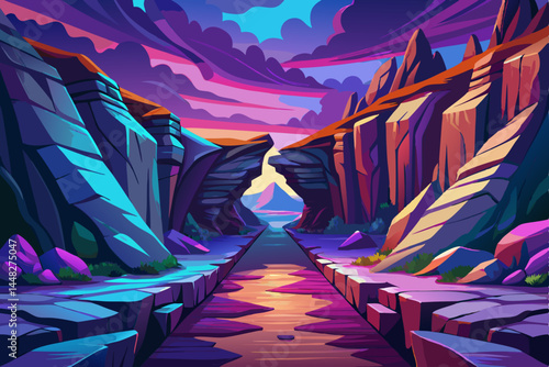Winding path cutting through the base of a majestic natural rocky gorge, surrounded by steep cliffs and textured stone formations, perfect for use in travel brochures, outdoor adventure branding