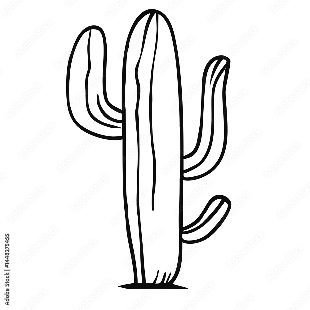 A vector simple line drawing of a cactus with multiple arms, showcasing a minimalist design. The cactus is depicted in a vertical orientation, emphasizing its tall and slender shape. A vector simple line drawing of a cactus with multiple arms, showcasing a minimalist design. The cactus is depicted in a vertical orientation, emphasizing its tall and slender shape.
