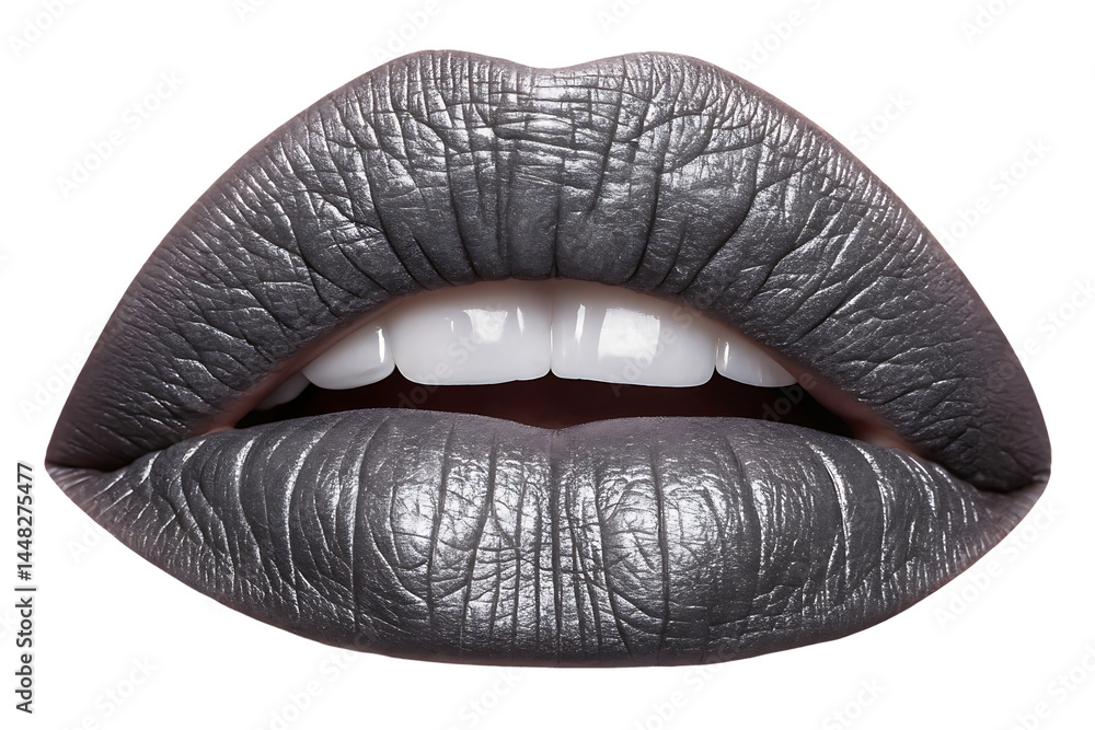 Macro shot of glossy metallic silver lips and white teeth on black background. Macro shot of glossy metallic silver lips and white teeth on black background.
