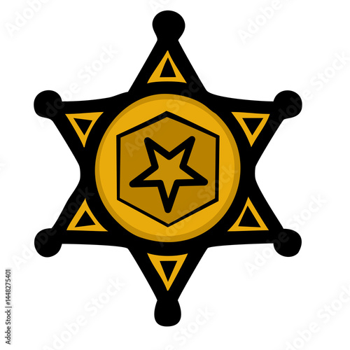 A stylized vector sheriff's badge featuring a gold star in the center with a hexagonal shape, surrounded by a star-shaped design and pointed tips, set against a white background.