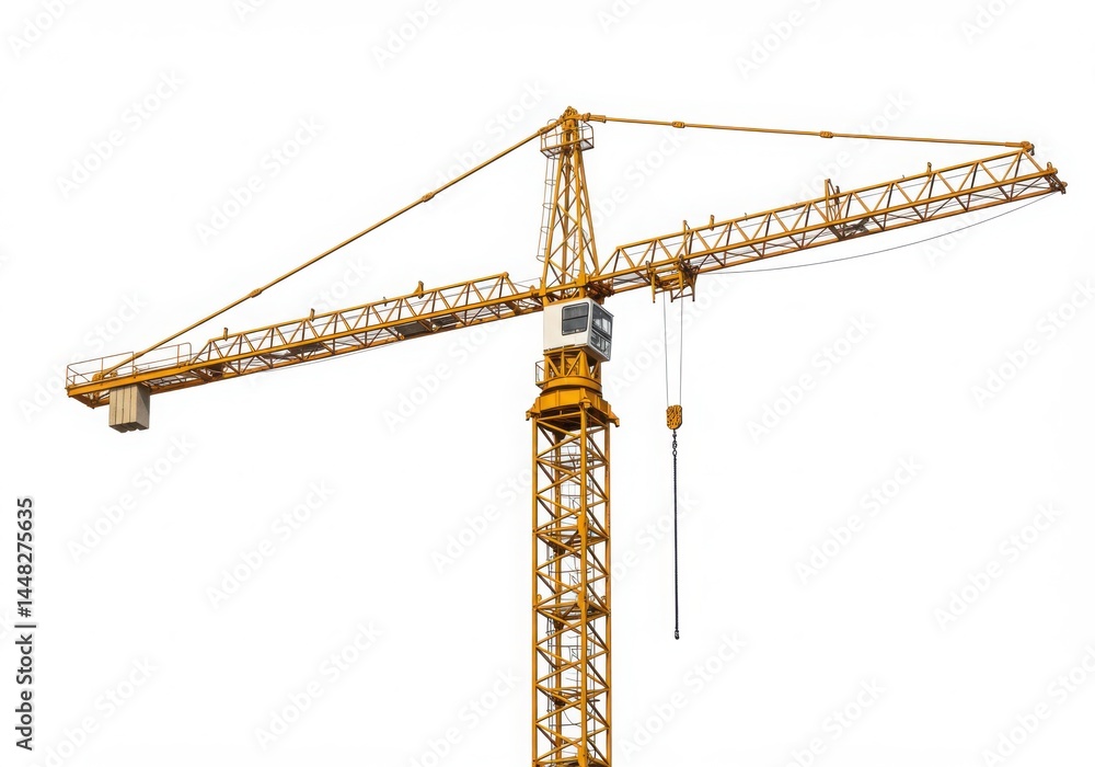 Isolated yellow construction crane against a plain white background Isolated yellow construction crane against a plain white background