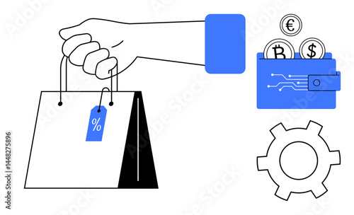 Hand carrying shopping bag with a discount tag, electronic wallet storing Bitcoin, Euro, Dollar icons, and gear element. Ideal for e-commerce, digital payments, shopping, discounts fintech retail