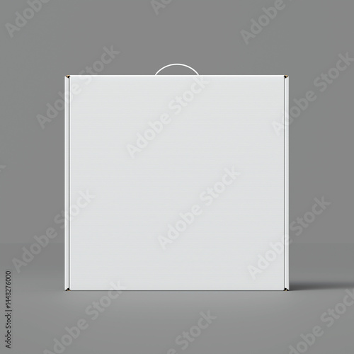 Minimal white square box with handle on top, displayed against grey background for mockup or packaging design presentation. 3D Render
