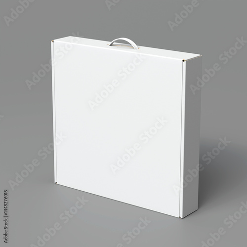 Minimal white square box with handle on top, displayed against grey background for mockup or packaging design presentation. 3D Render