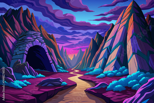 Winding path cutting through the base of a majestic natural rocky gorge, surrounded by steep cliffs and textured stone formations, perfect for use in travel brochures, outdoor adventure branding